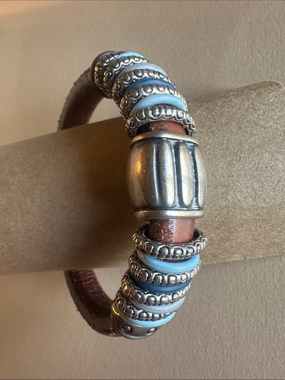Hand Crafted Light Blue Enamel and Silver Leather Bracelet